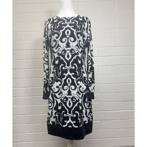 Caché Women's Dress Size 8 Black White Damask Print Sheath Long Sleeve Stretch 8